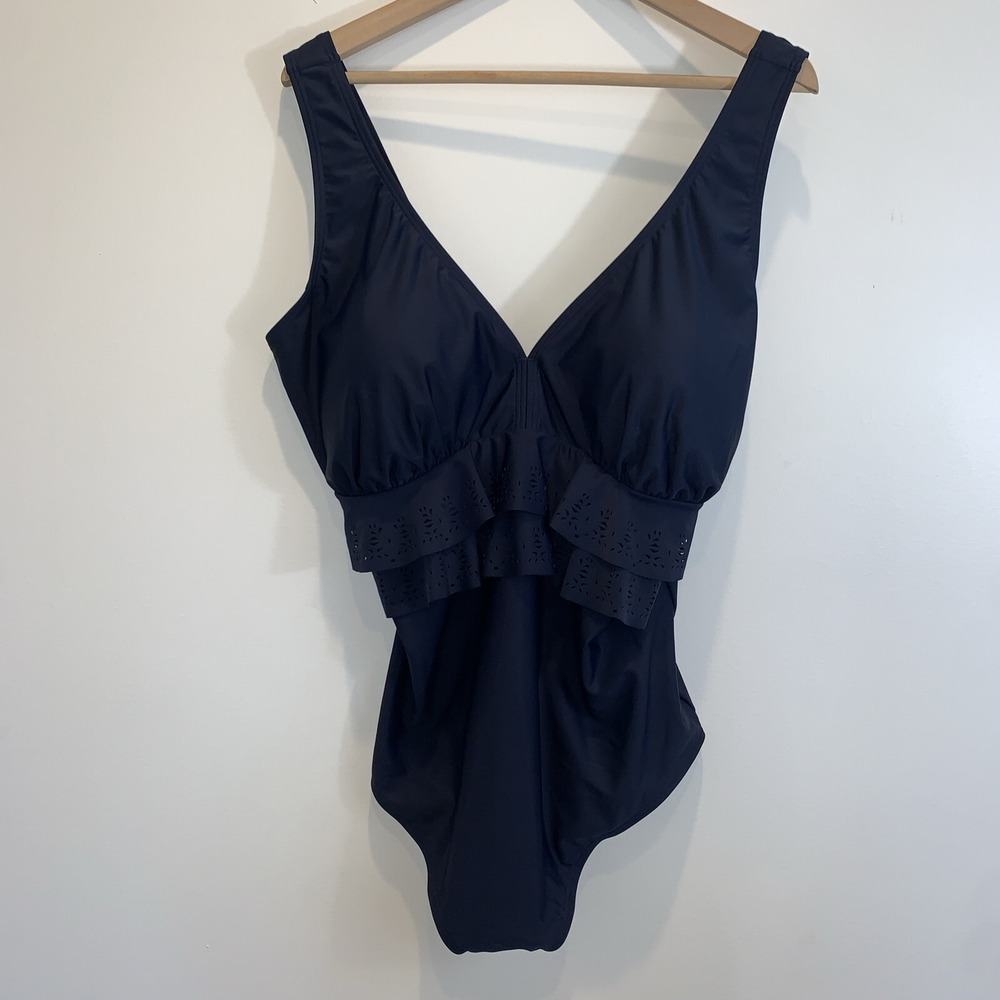 Ulla Popken Swimsuit Womens 24 Navy Blue Ruffle Front One Piece Padded Bra